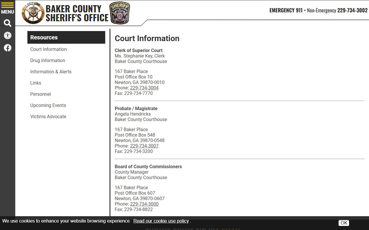 Baker County arrest records and court charges sheriff court information page