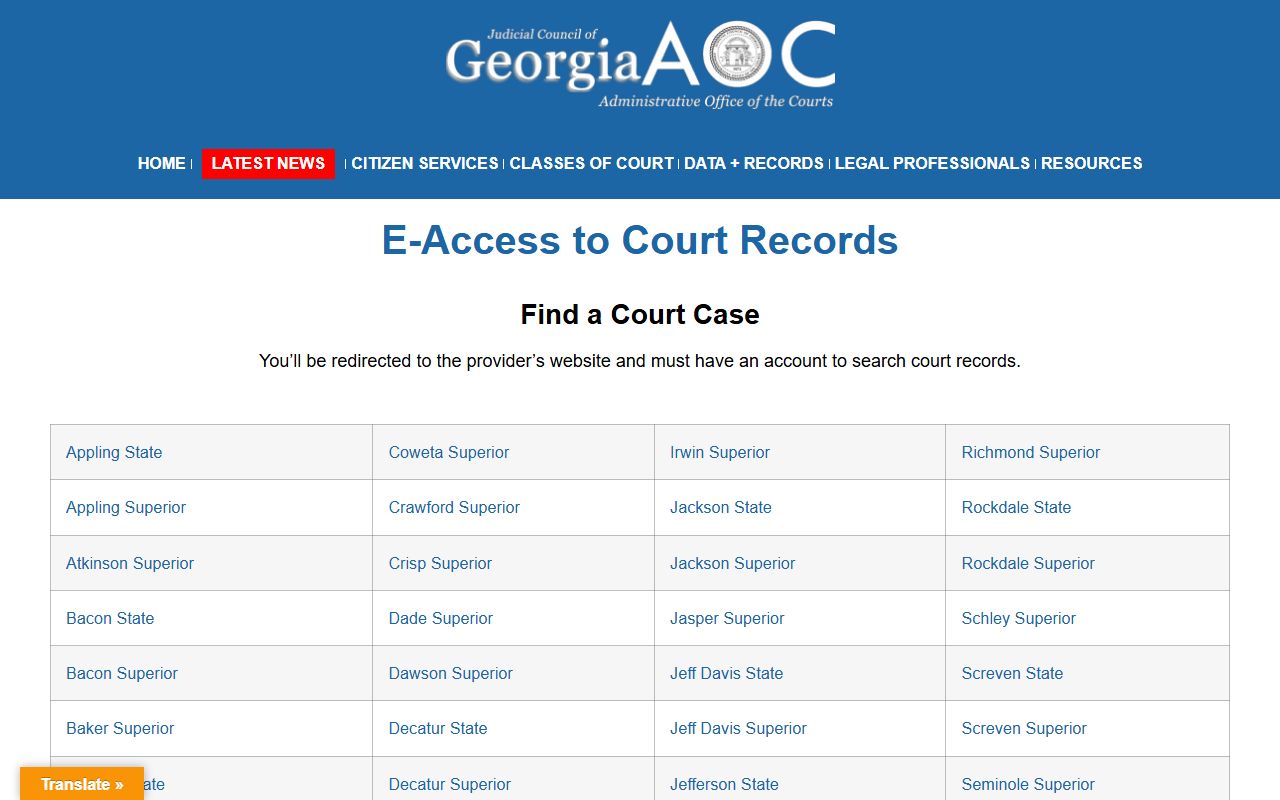 Baker County court records Georgia Courts e-access page