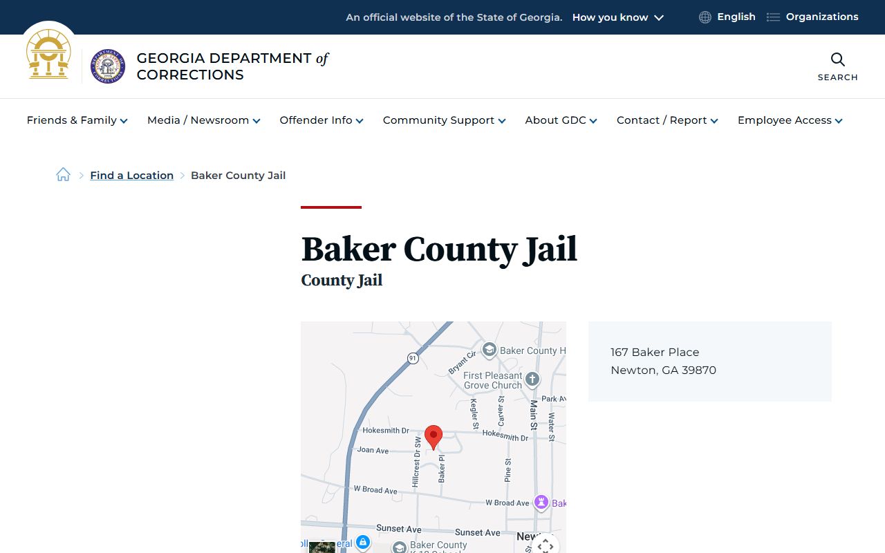 Baker County inmate records GDC jail location page