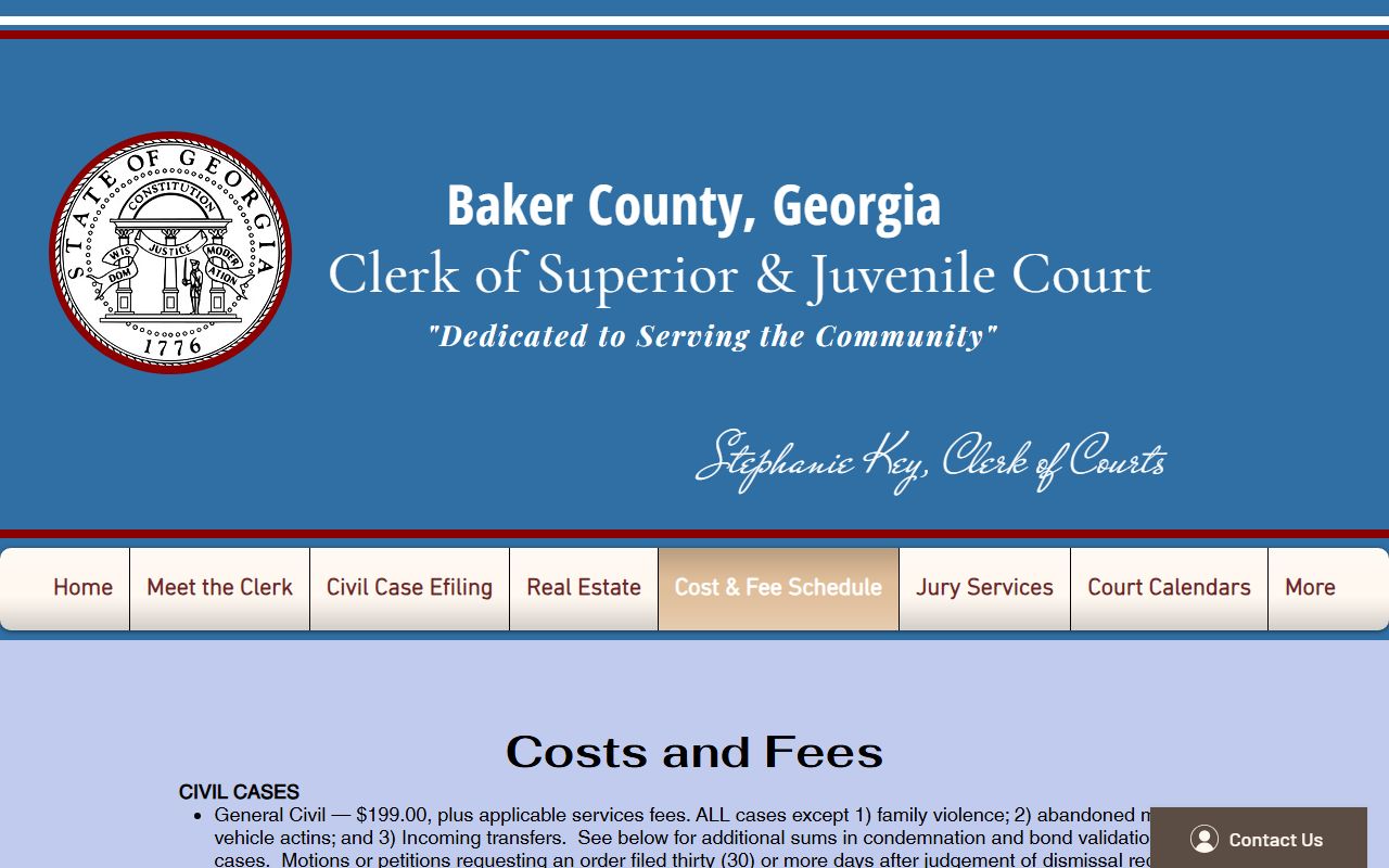 Baker County divorce records clerk fee schedule