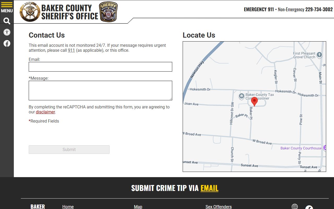 Baker County warrant records sheriff contact page