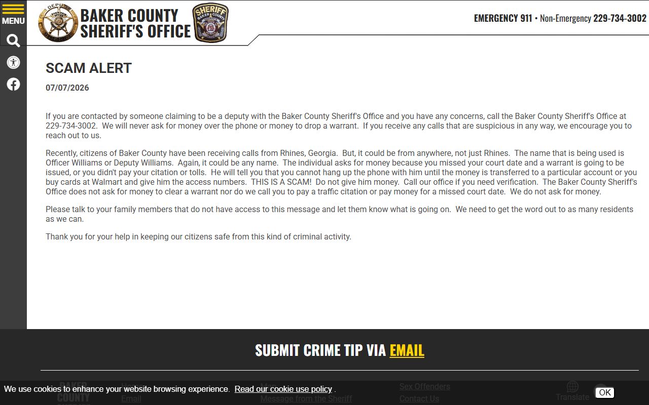 Baker County warrant records sheriff warrant payment scam alert